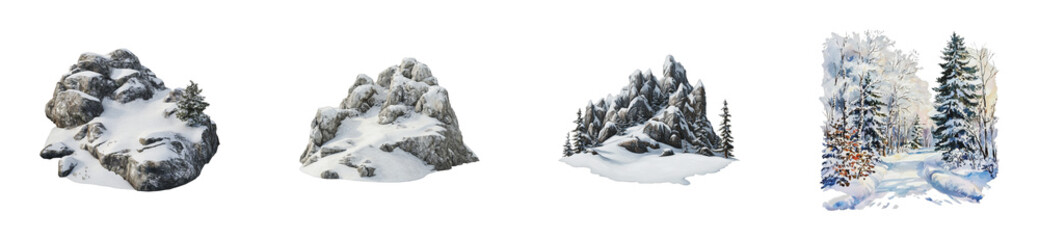 Snow-covered rocky formations and forest, cut out - stock png.