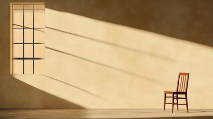 Obraz premium Empty room bathed in sunlight. A simple wooden chair sits in the corner, next to a window