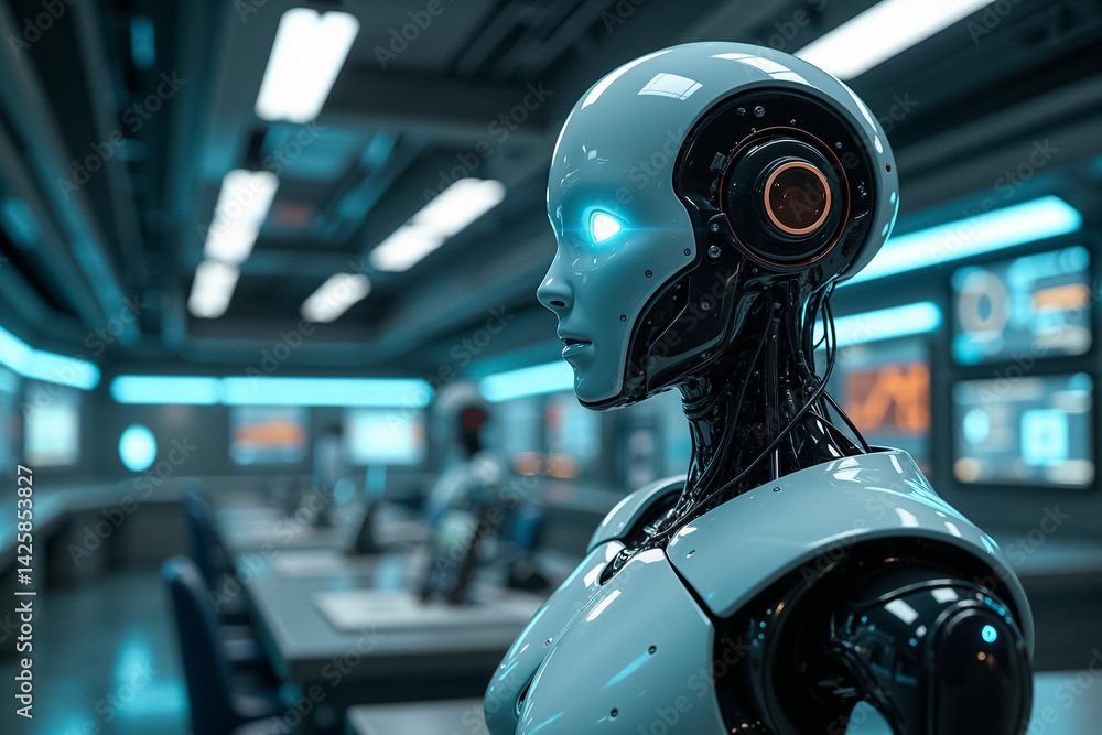 Poster robot with glowing blue eyes stands in futuristic control room featuring multiple screens and advanc