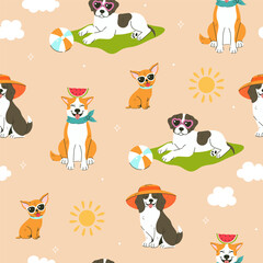 Seamless pattern with cute summer dogs. Vector graphics.