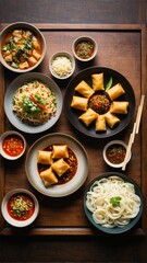 An Appetizing Array: Top-Down View of Various Asian-Inspired Dishes Arranged on a Warm Wooden Tray, Featuring Noodles, Dumplings, and Sauces.