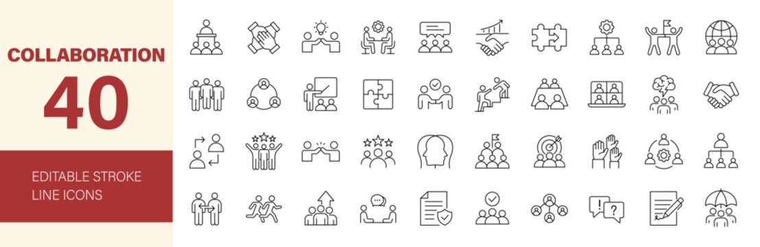 Collaboration icon set. Business related line icons: teamwork, meeting, partnership, work group, business people, conference, presentation and more. Editable stroke. Vector illustration.