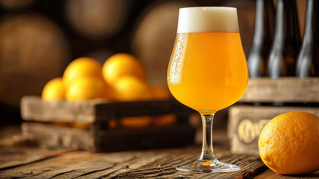 glass of hazy IPA beer with oranges on rustic wooden table