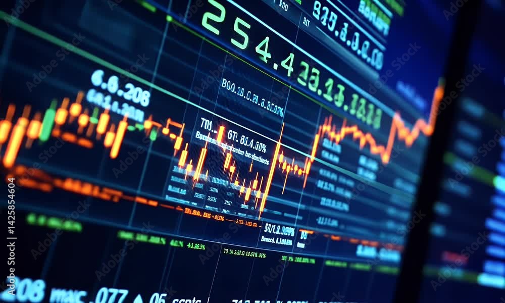 Poster a stock market chart with candlestick lines, featuring the top left corner of an abstract background