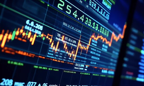 A stock market chart with candlestick lines, featuring the top left corner of an abstract background displaying set against a blue gradient backdrop. The focus is on the trading graph, which