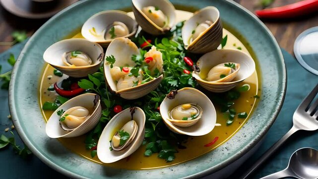 Gourmet seafood dish with steamed clams served in flavorful broth, garnished with fresh herbs, red chili and parsley on a rustic green plate

