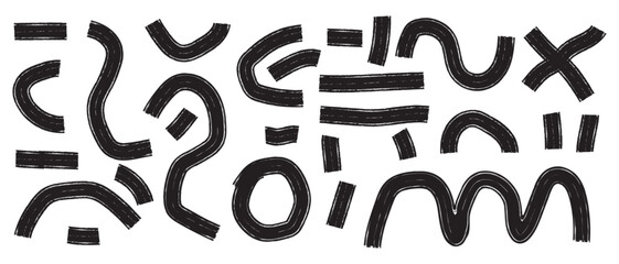 Set organic grunge bold shapes, curved lines and dots. Geometric vector set in Memphis style. Grunge swirled brush stroke, curly and straight lines. Hand drawn geometric pattern, Eps 10