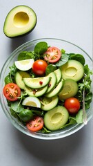Vibrant Bowl of Green Goodness: A Fresh Salad with Creamy Avocado, Juicy Tomatoes, and Tangy Citrus Bites.