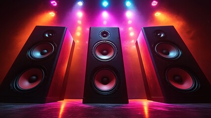 Powerful speakers under vibrant stage lights