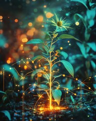 Artistic representation of growth using plants and glowing metrics