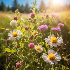 Sunny Meadow Filled with Colorful Wildflowers, Creating a Peaceful Nature Scene Full of Calm and Beauty