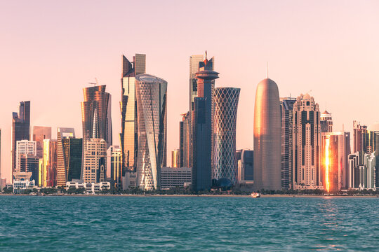 Doha financial center skyline at sunset, Qatar