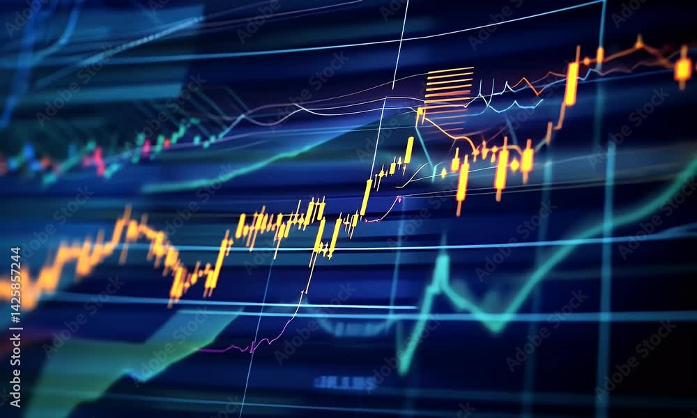 Poster a stock market chart with candlestick lines, featuring the top left corner of an abstract background