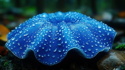 Radiant, deep blue, mushroom-like flower with water droplets