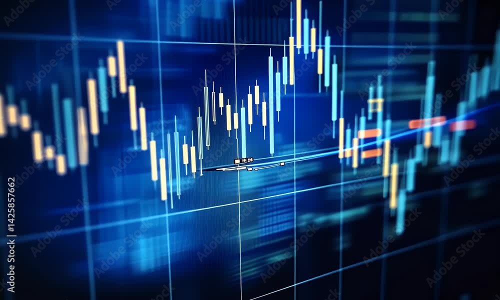 Poster a stock market chart with candlestick lines, featuring the top left corner of an abstract background
