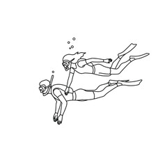 Fototapeta premium Diving couple exploring underwater scene in minimalistic style 