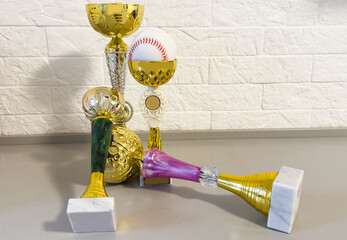 still life photography : baseball and old trophy on wood table against space of art dark background
