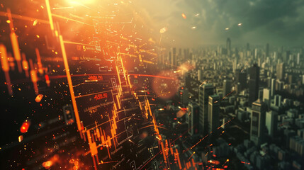 Futuristic technology overlay on urban skyline with digital circuit patterns in orange hues. City buildings silhouetted against holographic data visualizations showing advanced analytics