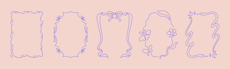 Collection of doodle hand drawn trendy frames with wavy lines, bows and ribbons. Minimalist line art for birthday, christmas, wedding Invitations.