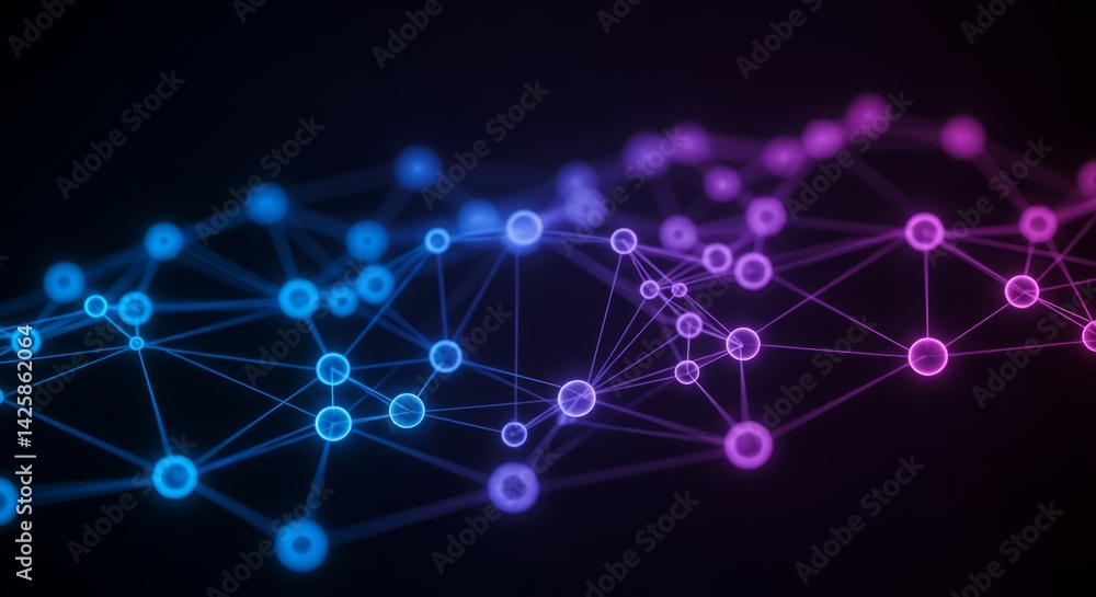 Poster abstract network background with glowing nodes and connecting lines in blue and pink gradient