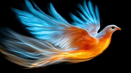 Obraz premium Fiery Abstract Bird in Flight Glowing Orange and Blue Feathers Against Dark Background