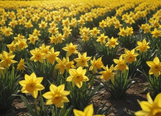 Obraz premium Sunlit field of vibrant yellow daffodils, petals gleaming , picture, wildflowers