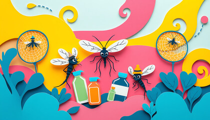 Naklejka premium Vibrant 3D Paper Craft Illustration of Cute Mosquitoes with Colorful Insect Repellent Bottles, Nets, and Whimsical Leaves Against a Bright Yellow and Pink Background