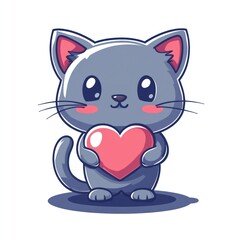 Cute gray kitten holding heart; white background; Valentine's card
