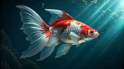 Fototapeta premium Photorealistic Goldfish with Flowing Fins in Cinematic Underwater Scene