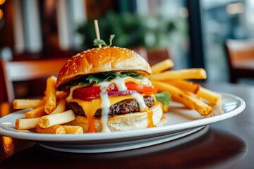 Delicious Juicy Cheeseburger with French Fries