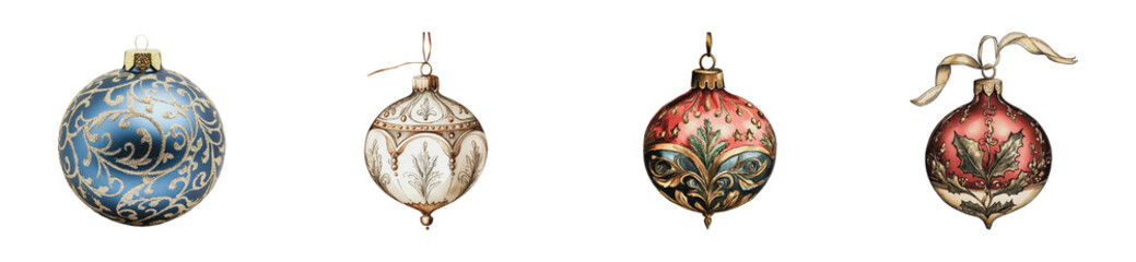 Fototapeta premium Vintage hand-painted christmas ornaments collection featuring intricate designs, cut out - stock png.