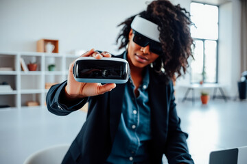 Businesswoman Presenting VR Headset in Office