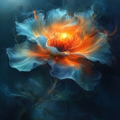 Abstract digital art showing a glowing flower-like shape with blue and orange colors.