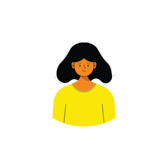 Flat Design Illustration of a Woman Character with Black Hair and Yellow Shirt