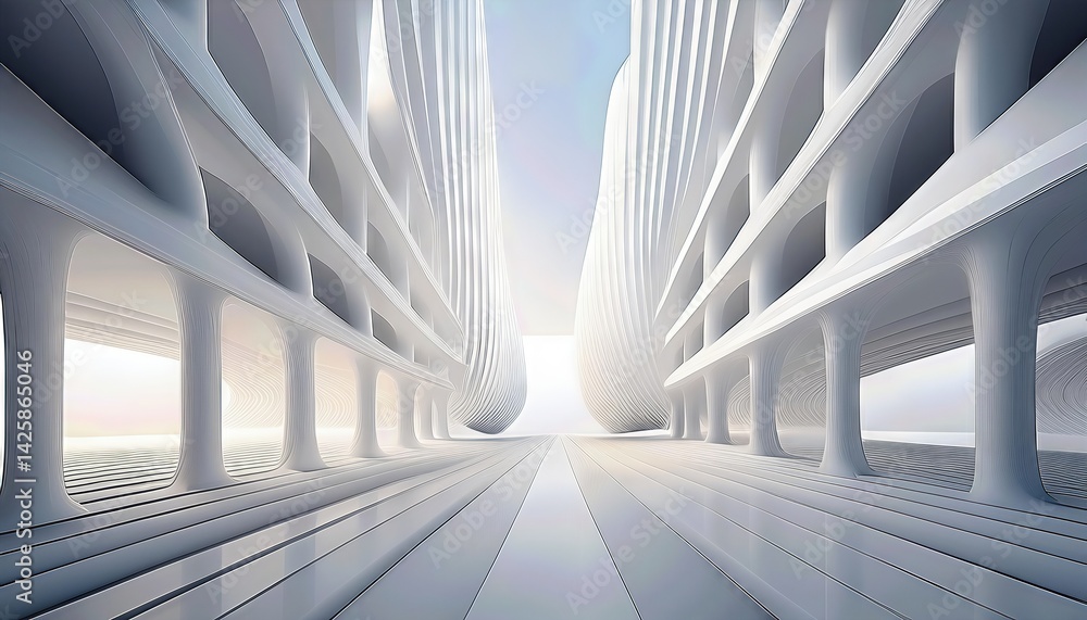 Poster intersecting white architectural structures in a bright and clean abstract scene with soft lighting,