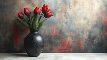Red tulips in dark vase on textured background