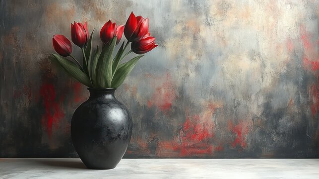 Red tulips in dark vase on textured background - Powered by Adobe