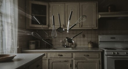 Kitchen utensils floating in a rustic kitchen. Cooking tools magically suspended in air. Surreal concept representing culinary creativity and unexpected events in home enviroment.