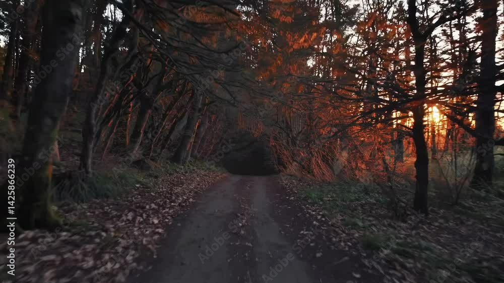 Poster aerial video of a forest path at sunset, capturing the serene atmosphere with warm light filtering t