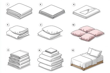 A minimalist guide illustrating the process of making a bed from fitted sheet to pillows placed neatly