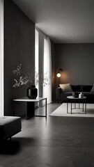 Modern living room with fireplace and comfortable furniture in a stylish home interior