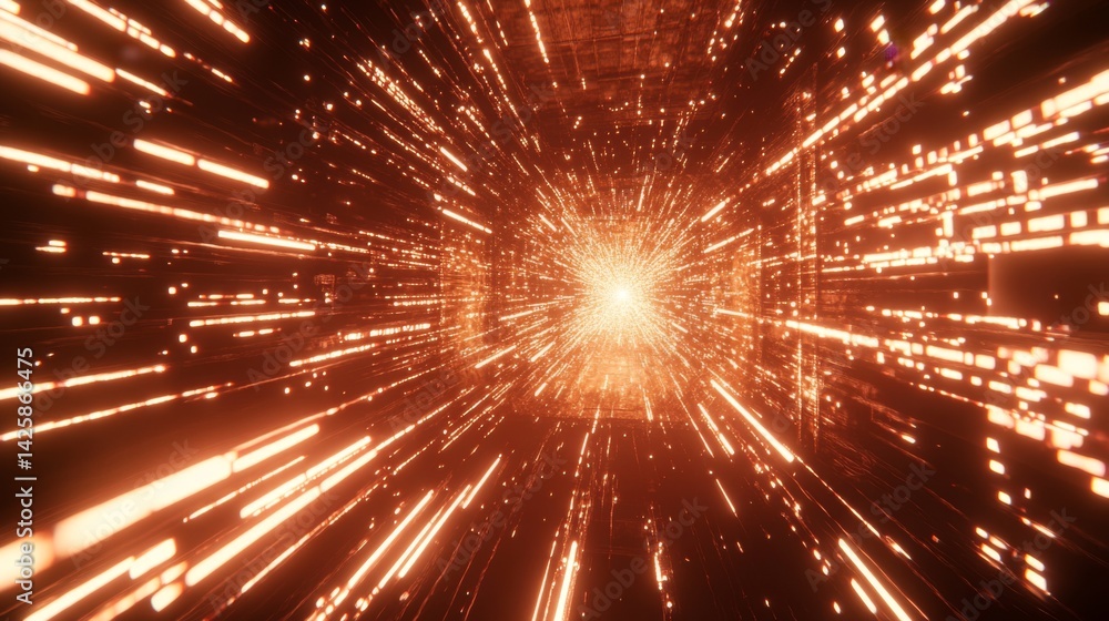 Poster a futuristic depiction of light particles racing through an abstract digital world, with glowing tra