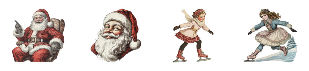 Vintage illustrations of santa claus and girls ice skating in winter attire, cut out - stock png.