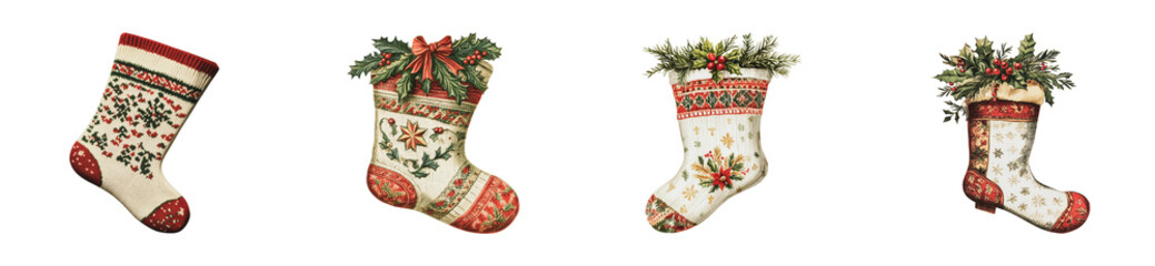 Festive christmas stockings with decorative patterns and holly accents, cut out - stock png.