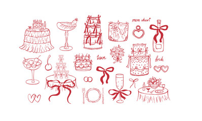Charming party hand drawn whimsical collection. Wedding illustrations