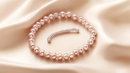 Obraz premium Delicate pearl necklace and diamond brooch on a satin background