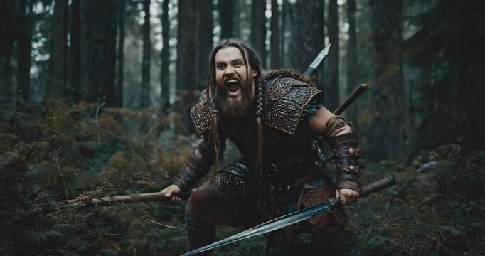 Screaming Ancient Tribal Germanic Warrior Ready to Attack in Black Forest History 4k Video.
