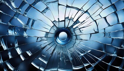 Shattered Blue Glass with Radiating Cracks BulletRiddled Window Depicts a Haunting Tale of Broken Trust and Violence, Showcasing Striking Shades of Blue in a Cold, Desolate Scene.