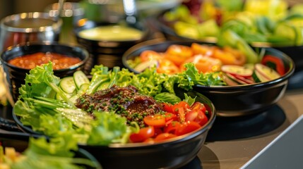Showcase a variety of greens, colorful vegetables, and dressing.