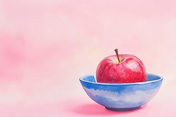 A single red apple rests in a shallow blue bowl.